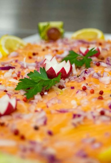 Bunte Vorspeise mit Lachs, Radieschen, Zwiebeln und Zitronenscheiben dekoriert.